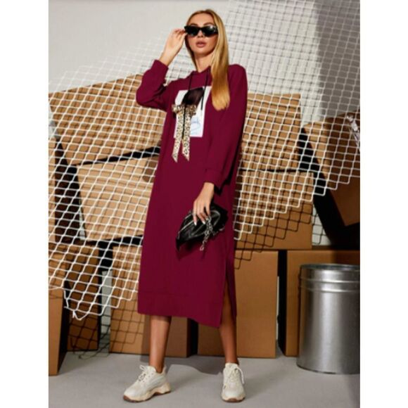 Ladies Burgundy Leopard Bow Front Figure Graphic Hoodie Sweater Dress - Picture 9 of 10